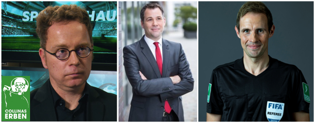 Drei Porträts nebeneinander: ein Fernsehexperte vor der Sportschau-Kulisse mit dem Logo von „Collinas Erben“, ein Jurist im Anzug und ein Bundesliga-Schiedsrichter im FIFA-Trikot