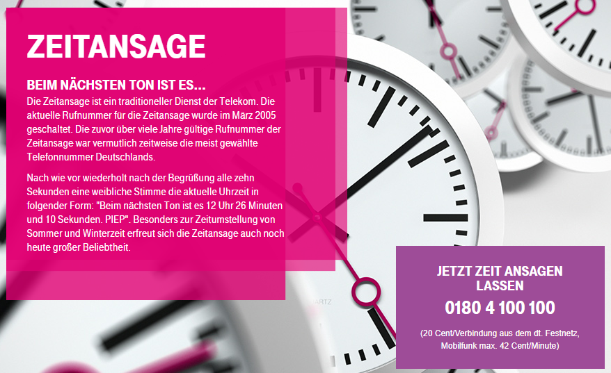Seite der Telekom zur Zeitansage „Beim nächsten Ton ist es…“ mit Erläuterung des Dienstes und der Rufnummer 0180 4 100 100