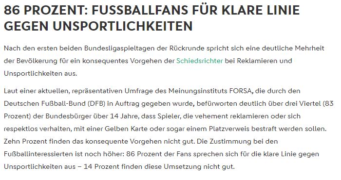Meldung „86 Prozent: Fußballfans für klare Linie gegen Unsportlichkeiten“ — nach einer FORSA-Umfrage im Auftrag des DFB befürworten 83 Prozent der Bundesbürger und 86 Prozent der Fußballinteressierten Gelbe Karten oder Platzverweise für Reklamieren und respektloses Verhalten
