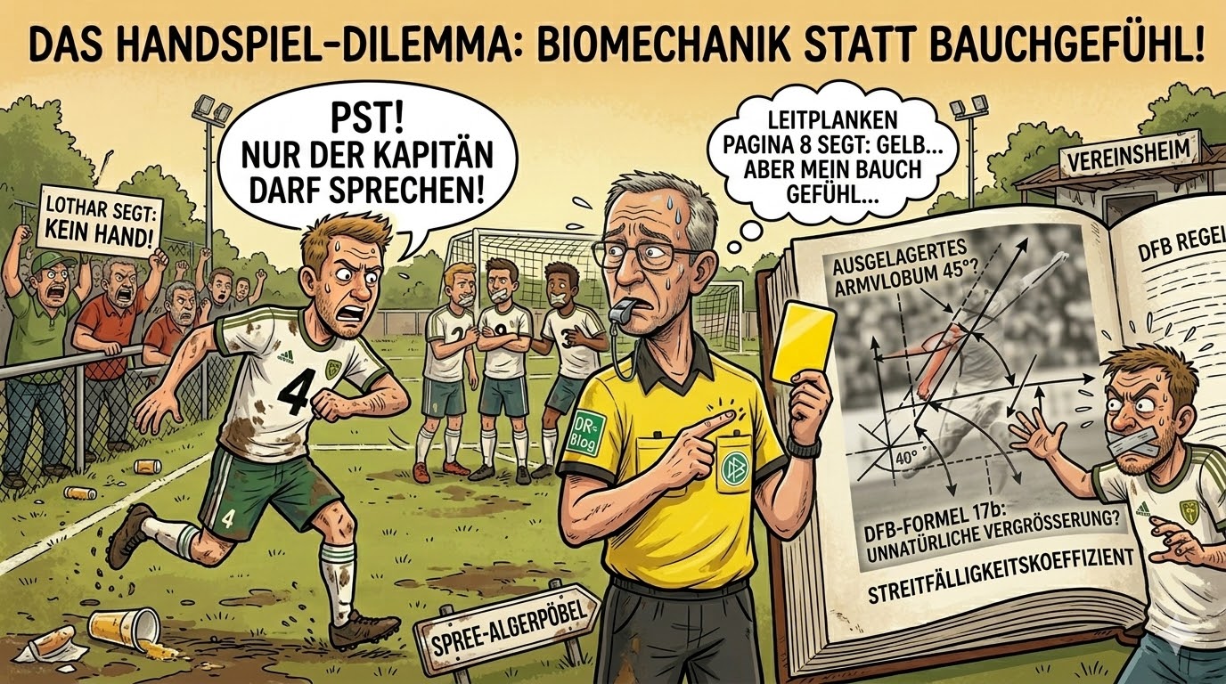 Cartoon „Das Handspiel-Dilemma: Biomechanik statt Bauchgefühl“: ein Schiedsrichter hält die Gelbe Karte hoch und sagt „Pst! Nur der Kapitän darf sprechen!“, vom Zaun ruft es „Lothar sagt: kein Hand!“, rechts ein aufgeschlagenes Regelbuch mit Formeln wie „ausgelagertes Armvolumen 45°“ und „Streitfälligkeitskoeffizient“
