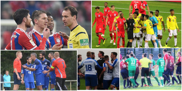 Vier Fotos von Rudelbildungen — Spieler umringen den Schiedsrichter, in der Bundesliga, im Länderspiel und zweimal im Amateurfußball