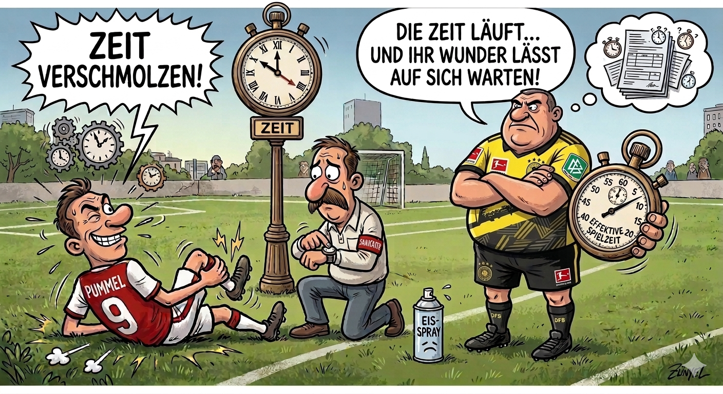 Cartoon: ein Spieler namens Pummel liegt am Boden, der Betreuer kniet mit dem Eisspray daneben, der Schiedsrichter hält die Stoppuhr und sagt „Die Zeit läuft… und ihr Wunder lässt auf sich warten!“
