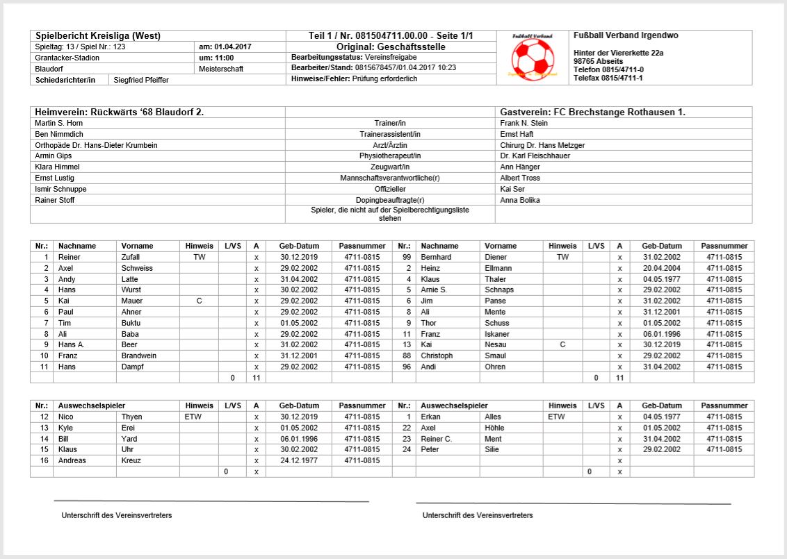 Ausgefüllter Spielbericht des DFBnet für ein fiktives Spiel: Kopfzeile mit Staffel, Datum und Anstoßzeit, darunter die Aufstellungen beider Mannschaften mit Passnummern, rechts die Felder für Tore, Karten und Auswechslungen, unten die Unterschriftenzeilen.
